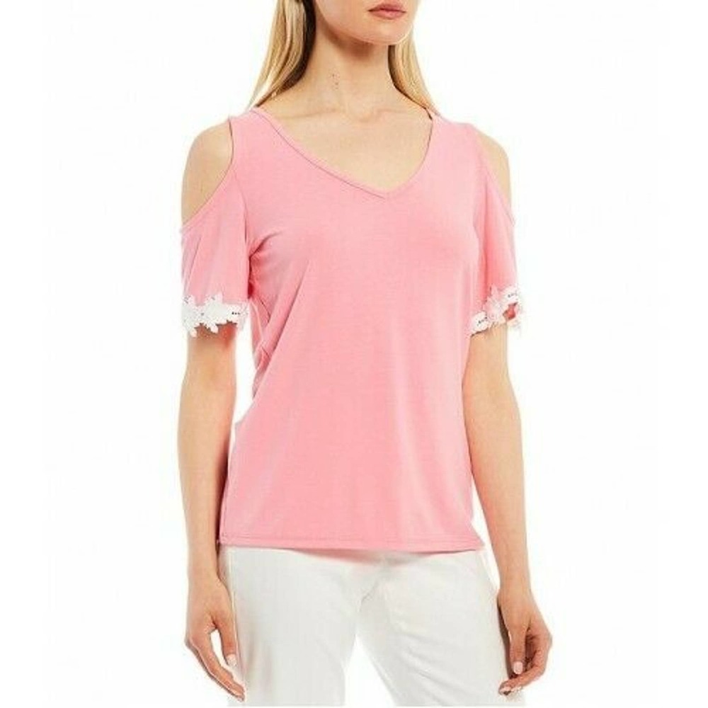 Tommy Hilfiger Cold Shoulder Lace Trim T-Shirt Peony Pink Short Sleeve Size XS